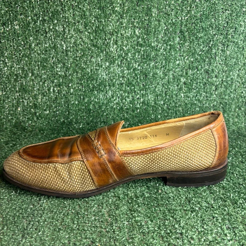 Johnston & Murphy‎ Cellini Woven Leather Penny Loafers Dress Shoes Tan Mens 11.5